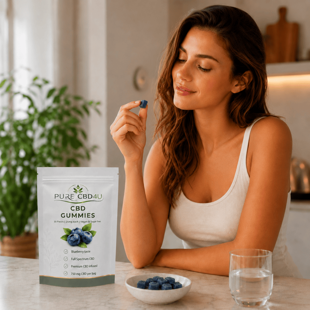 Woman enjoying a Pure CBD4U Blueberry CBD Gummy in a modern kitchen with Pure CBD4U Full Spectrum CBD Gummies 25mg packaging displayed.