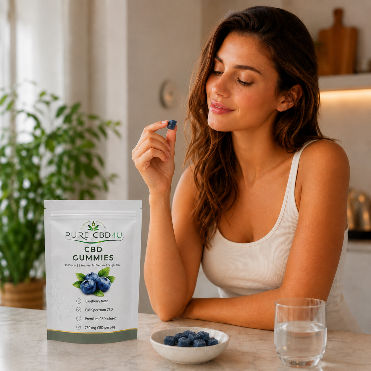 Woman enjoying a Pure CBD4U Blueberry CBD Gummy in a modern kitchen with Pure CBD4U Full Spectrum CBD Gummies 25mg packaging displayed.