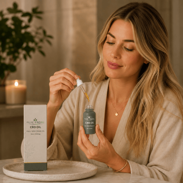 Blonde woman using Pure CBD4U Full Spectrum 5% CBD Oil with dropper in a relaxing home setting.