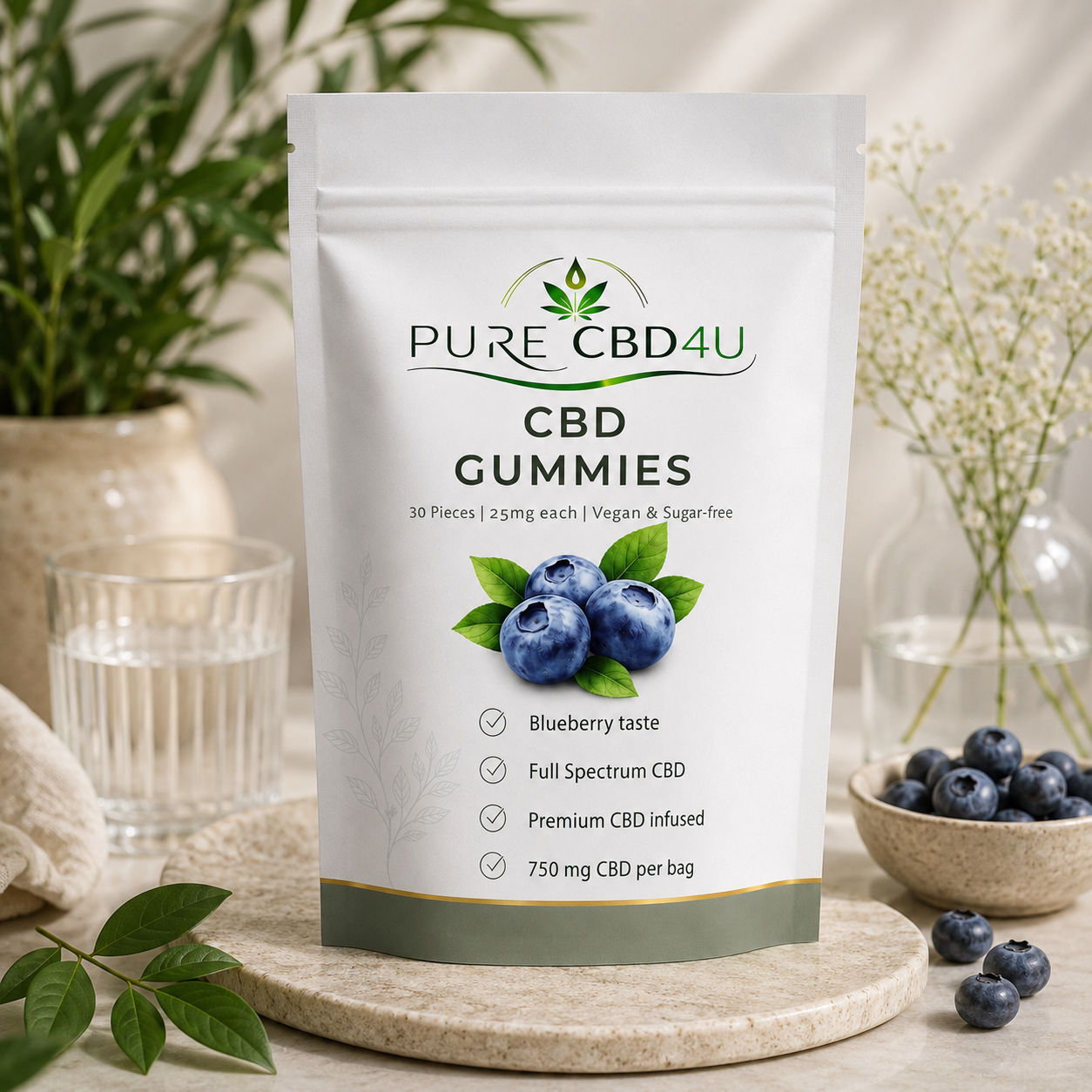 Premium lifestylebeeld van Pure CBD4U CBD Gummies Blueberry met veganistische en suikervrije gummies in een elegante wellnessomgeving met verse bosbessen en rustgevende natuurlijke kleuren.