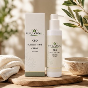 Pure CBD4U CBD Muscle & Joint Cream 1000mg lifestyle image with premium pump bottle and box packaging in a natural spa setting.