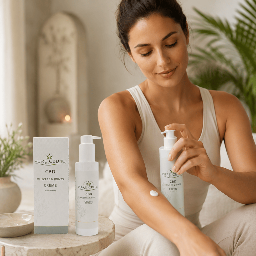 Person applying Pure CBD4U Muscle and Joint Cream 1000mg in an elegant wellness setting.