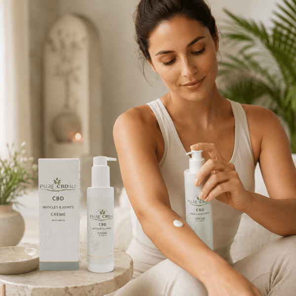 Person applying Pure CBD4U Muscle and Joint Cream 1000mg in an elegant wellness setting.