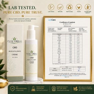 Premium trust image of PURE CBD4U CBD Muscles & Joints Cream 150ml 1000mg with LabCore Certificate of Analysis in a gold frame