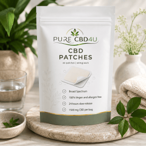 Premium lifestyle image of Pure CBD4U CBD Patches featuring 30 patches with 50mg CBD each, displayed in an elegant wellness setting with natural elements and calming colors.