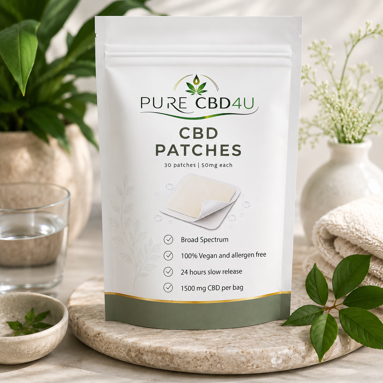 Premium lifestyle image of Pure CBD4U CBD Patches featuring 30 patches with 50mg CBD each, displayed in an elegant wellness setting with natural elements and calming colors.