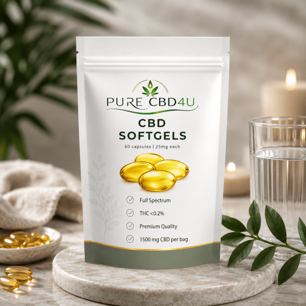 ALT TEXT: Premium lifestyle image of Pure CBD4U CBD Softgels featuring 60 capsules with 25mg CBD each, displayed in an elegant wellness setting with natural elements and calming colors. TITLE: Pure CBD4U CBD Softgels 25mg – Premium Full Spectrum CBD Capsules DESCRIPTION: Luxury lifestyle image of Pure CBD4U CBD Softgels containing 60 capsules with 25mg CBD each. The premium scene highlights the original packaging in a calming wellness environment with natural accents and elegant colors. These full spectrum CBD softgels are manufactured to high EU quality standards and provide a convenient way to incorporate CBD into your daily wellness routine.