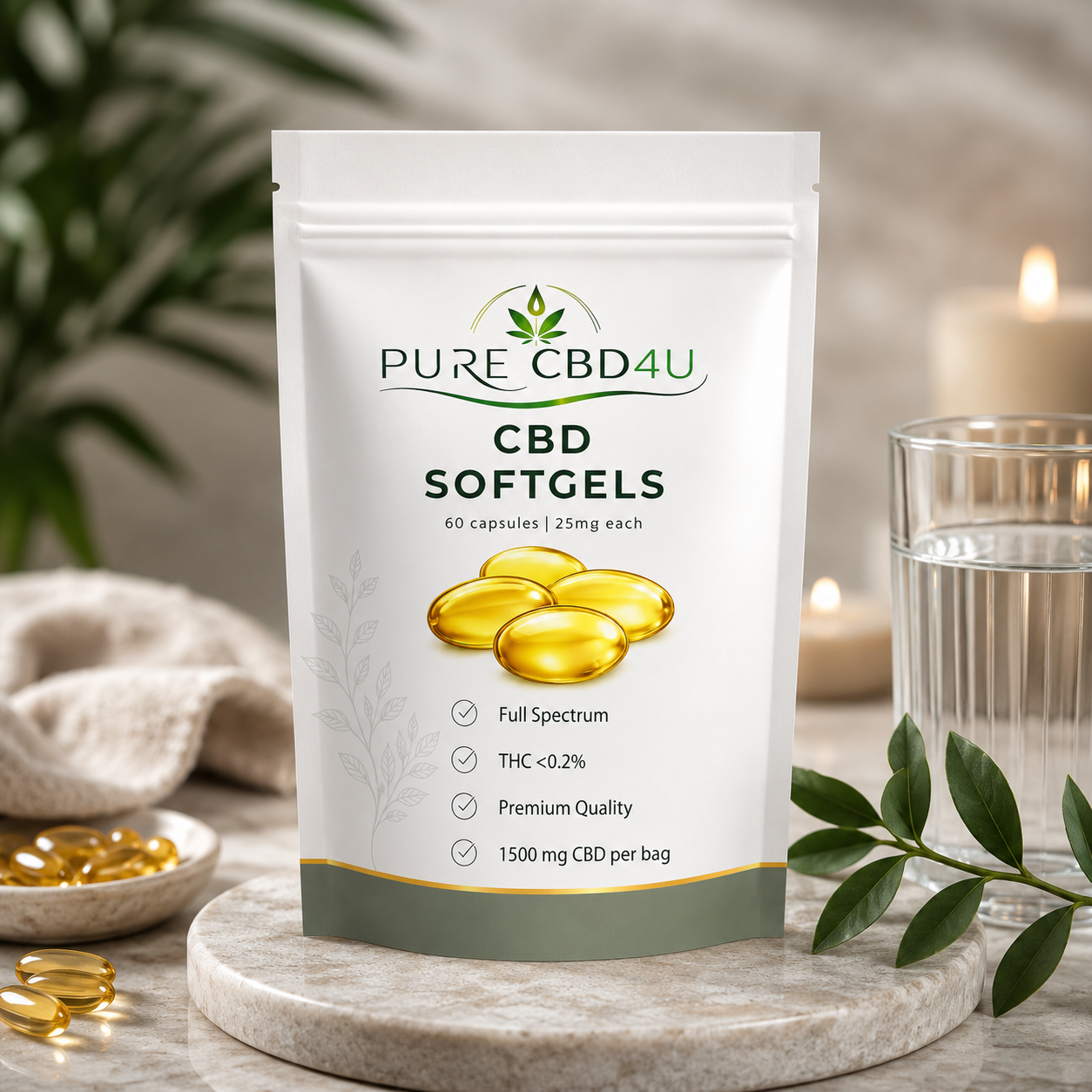 ALT TEXT: Premium lifestyle image of Pure CBD4U CBD Softgels featuring 60 capsules with 25mg CBD each, displayed in an elegant wellness setting with natural elements and calming colors. TITLE: Pure CBD4U CBD Softgels 25mg – Premium Full Spectrum CBD Capsules DESCRIPTION: Luxury lifestyle image of Pure CBD4U CBD Softgels containing 60 capsules with 25mg CBD each. The premium scene highlights the original packaging in a calming wellness environment with natural accents and elegant colors. These full spectrum CBD softgels are manufactured to high EU quality standards and provide a convenient way to incorporate CBD into your daily wellness routine.