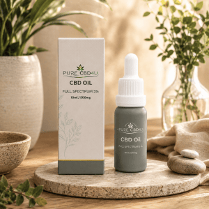 Premium lifestyle image of Pure CBD4U Full Spectrum CBD Oil 5% (10ml / 500mg) in an elegant natural setting with soft light and botanical elements.