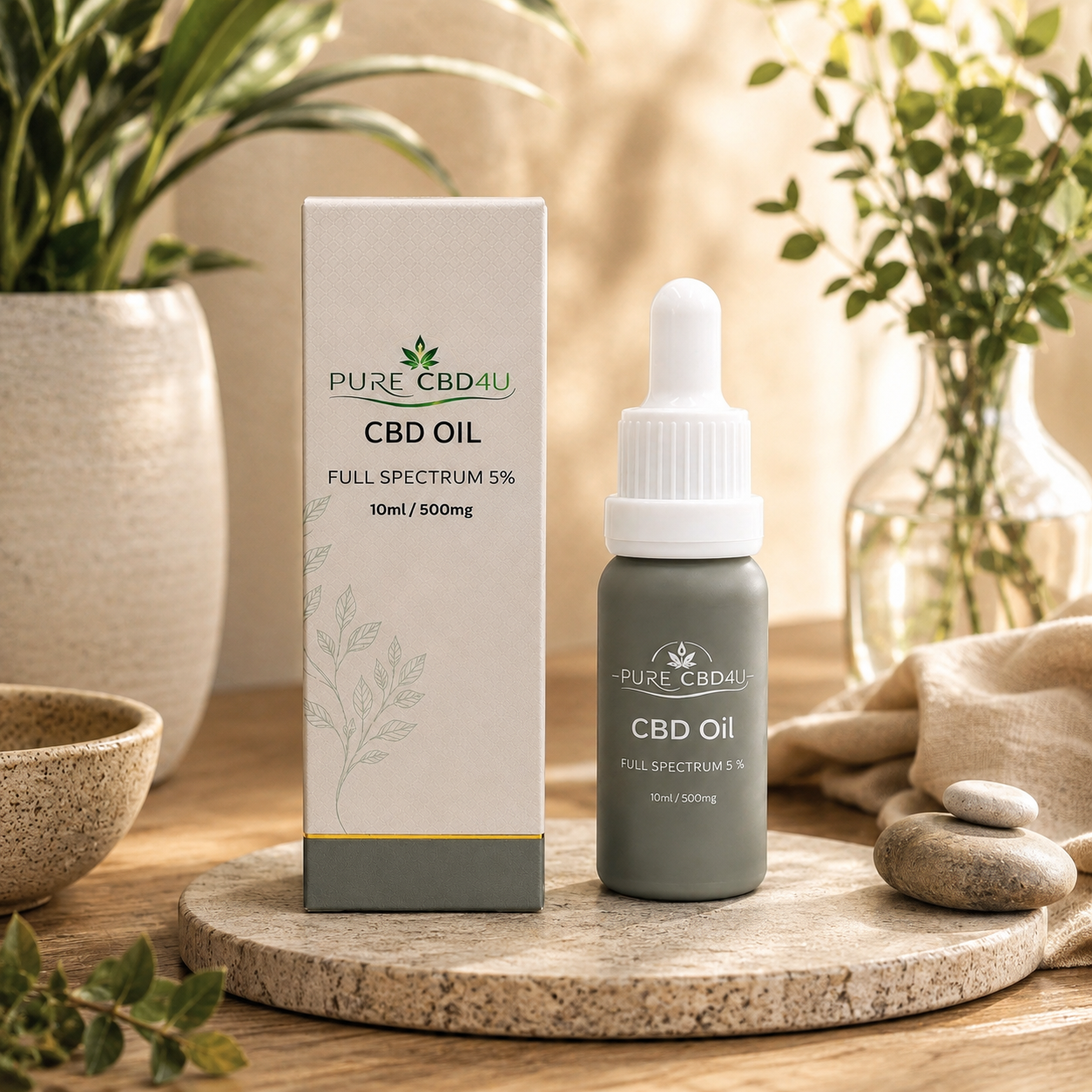Premium lifestyle image of Pure CBD4U Full Spectrum CBD Oil 5% (10ml / 500mg) in an elegant natural setting with soft light and botanical elements.