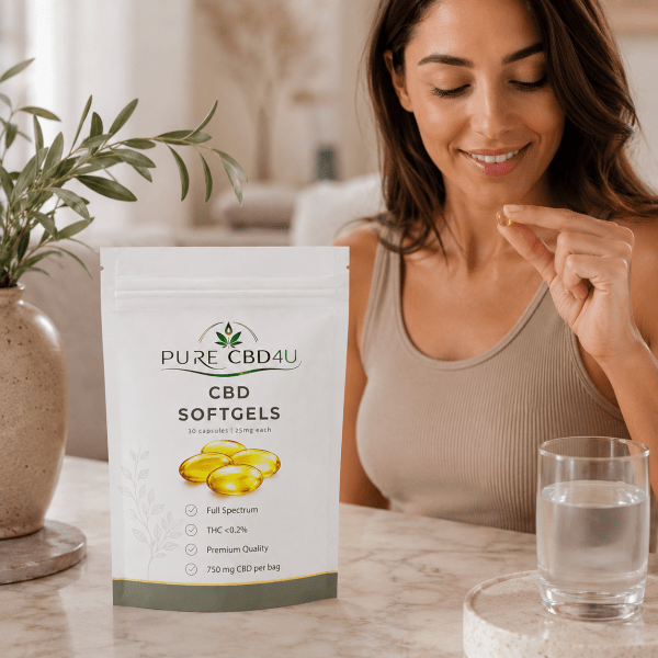 Person using Pure CBD4U CBD Softgels 25mg with premium packaging in an elegant wellness setting.