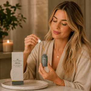 Blonde woman using Pure CBD4U Full Spectrum 10% CBD Oil with dropper in a relaxing home setting.