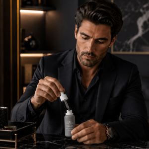 Premium lifestyle image of a man using Pure CBD4U CBG Oil Broad Spectrum 5% with a dropper in a luxury home office, illustrating a calm daytime wellness routine.