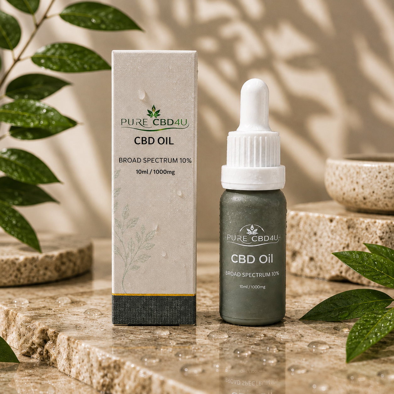 Premium lifestyle image of Pure CBD4U Broad Spectrum CBD Oil 10% 1000mg in a luxurious wellness setting with natural leaves, water droplets and elegant stone elements. Original 10ml bottle and packaging displayed with a sophisticated premium appearance.