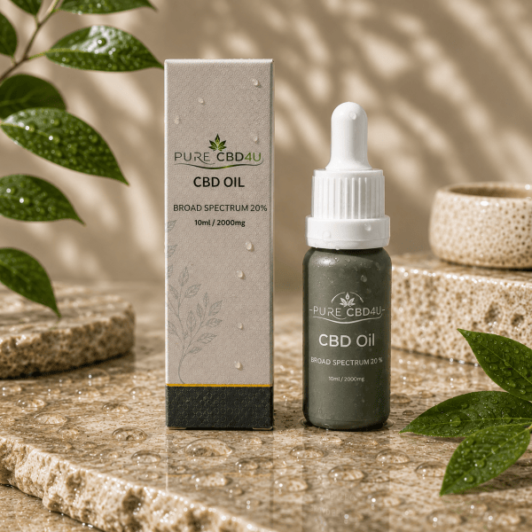 Premium lifestyle image of Pure CBD4U Broad Spectrum CBD Oil 20% 2000mg in a luxurious wellness setting with natural leaves, water droplets and elegant stone elements. Original 10ml bottle and packaging displayed with a sophisticated premium appearance.