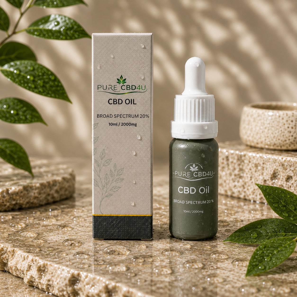 Premium lifestyle image of Pure CBD4U Broad Spectrum CBD Oil 20% 2000mg in a luxurious wellness setting with natural leaves, water droplets and elegant stone elements. Original 10ml bottle and packaging displayed with a sophisticated premium appearance.
