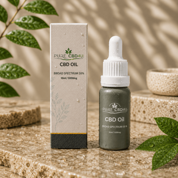 Premium lifestyle image of Pure CBD4U Broad Spectrum CBD Oil 30% 3000mg in a luxurious wellness setting with natural leaves, water droplets and elegant stone elements. Original 10ml bottle and packaging displayed with a sophisticated premium appearance.