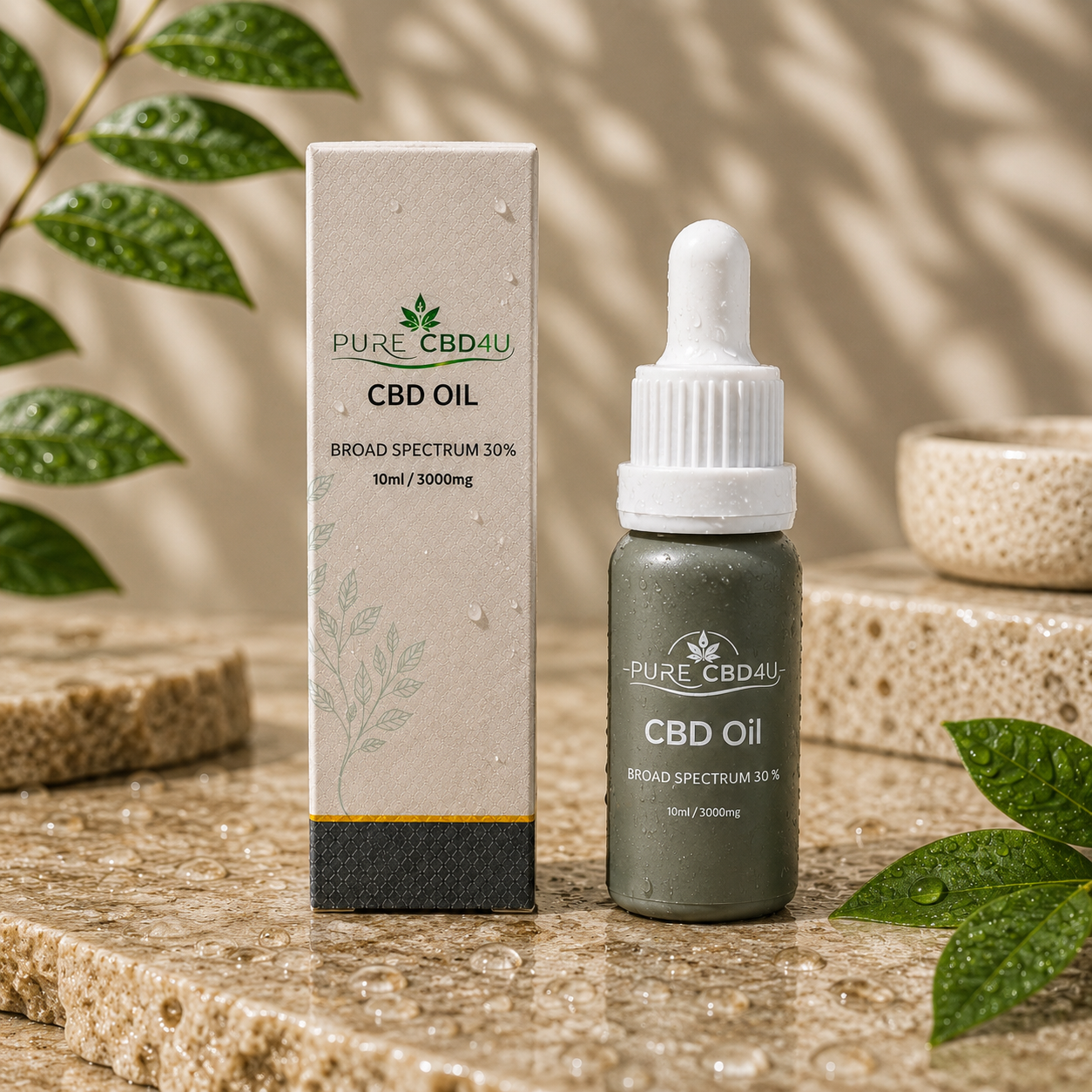 Premium lifestyle image of Pure CBD4U Broad Spectrum CBD Oil 30% 3000mg in a luxurious wellness setting with natural leaves, water droplets and elegant stone elements. Original 10ml bottle and packaging displayed with a sophisticated premium appearance.