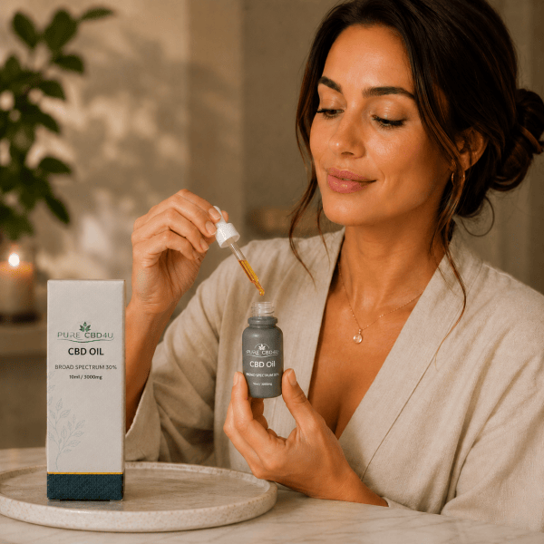 Woman using Pure CBD4U Broad Spectrum 30% CBD Oil with dropper in a relaxing home setting.