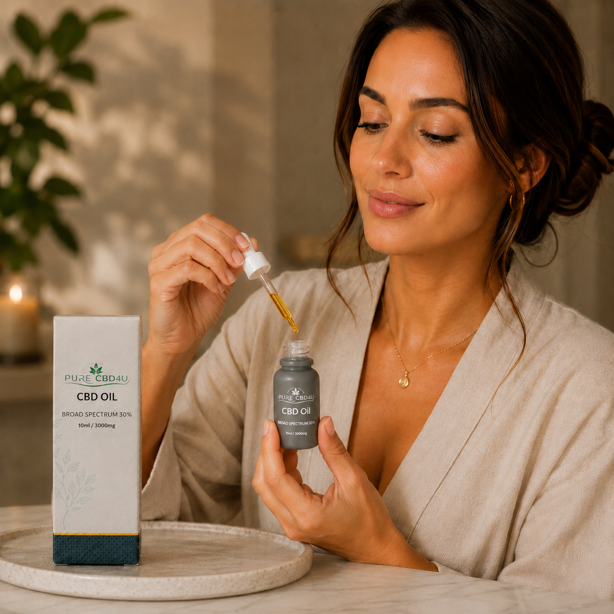 Woman using Pure CBD4U Broad Spectrum 30% CBD Oil with dropper in a relaxing home setting.