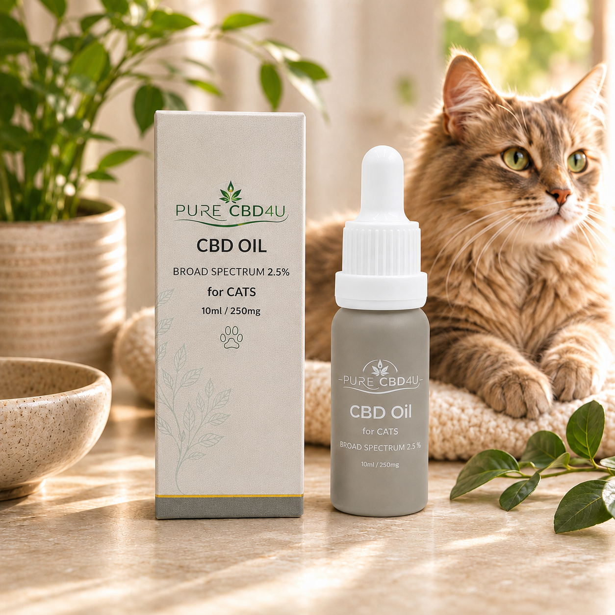 Immagine lifestyle premium del CBD Oil Broad Spectrum per Gatti 2,5% (10 ml/250 mg) di Pure CBD4U con un gatto rilassato in un ambiente domestico caldo e naturale.
