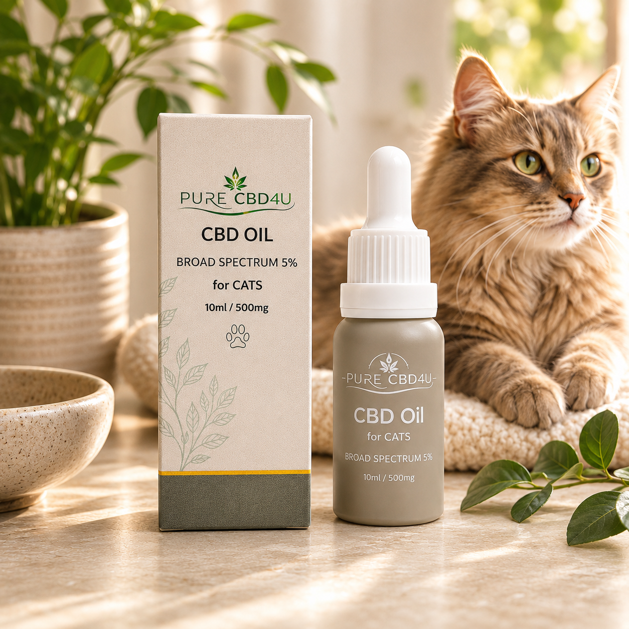 Imagem lifestyle premium do CBD Oil Broad Spectrum para Gatos 5% (10 ml/500 mg) da Pure CBD4U com um gato relaxado num ambiente doméstico quente e natural.