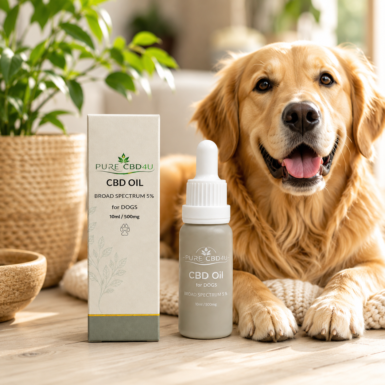 Premium lifestyle image of Pure CBD4U Broad Spectrum CBD Oil for Dogs 5% (10ml / 500mg) with a happy dog in a warm and natural home setting.