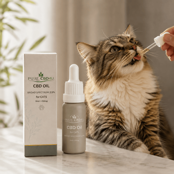 CBD Oil Gatto 2,5% premium di Pure CBD 4U – olio di CBD Full Spectrum di alta qualità per gatti, pensato per sostenere il benessere quotidiano e facile da somministrare con una comoda pipetta contagocce.