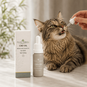 CBD Oil Gato 5% premium da Pure CBD 4U – óleo de CBD Full Spectrum de alta qualidade para gatos, formulado para apoiar o bem-estar diário e fácil de usar com uma prática pipeta conta-gotas.
