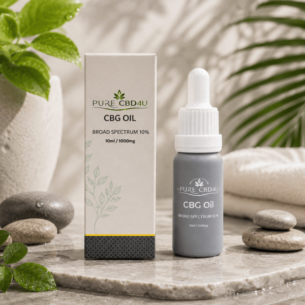 Premium lifestyle image of Pure CBD4U CBG Oil Broad Spectrum 10% (10ml / 1000mg) with elegant water droplets and natural botanical elements in a luxurious wellness setting.