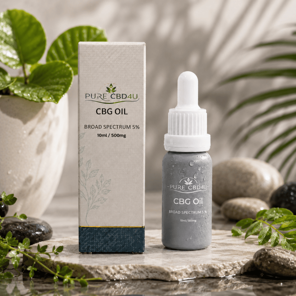 Premium lifestyle image of Pure CBD4U CBG Oil Broad Spectrum 5% (10ml / 500mg) with elegant water droplets and natural botanical elements in a luxurious wellness setting.