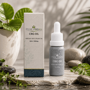 Premium lifestyle image of Pure CBD4U CBG Oil Broad Spectrum 5% (10ml / 500mg) with elegant water droplets and natural botanical elements in a luxurious wellness setting.