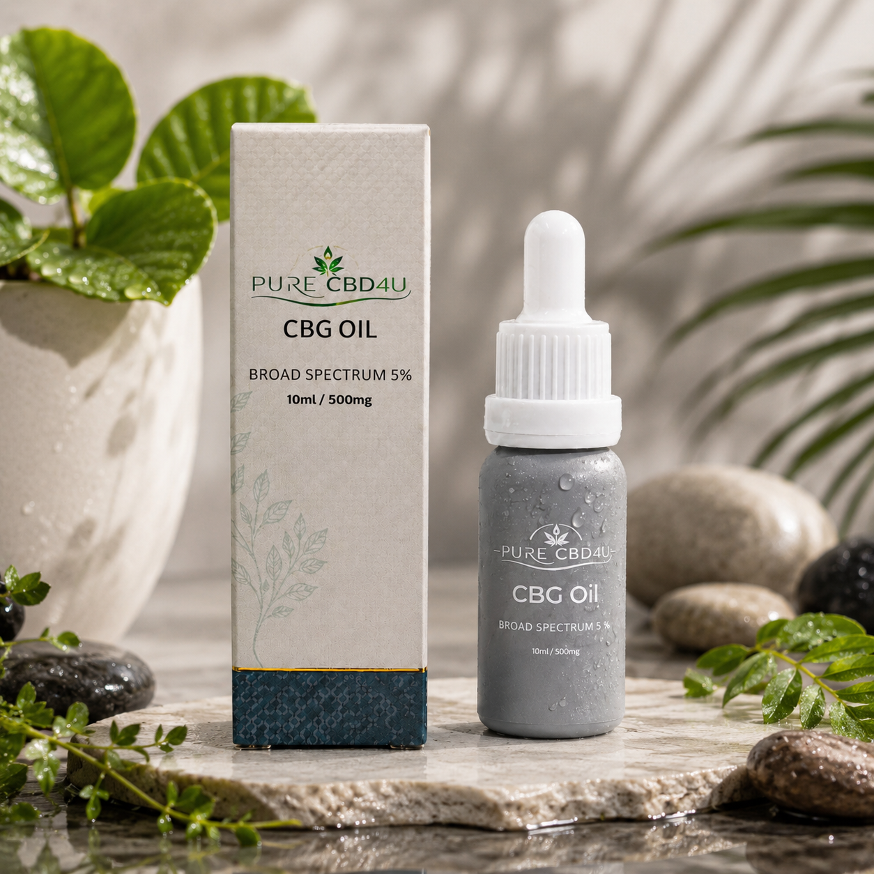 Premium lifestyle image of Pure CBD4U CBG Oil Broad Spectrum 5% (10ml / 500mg) with elegant water droplets and natural botanical elements in a luxurious wellness setting.