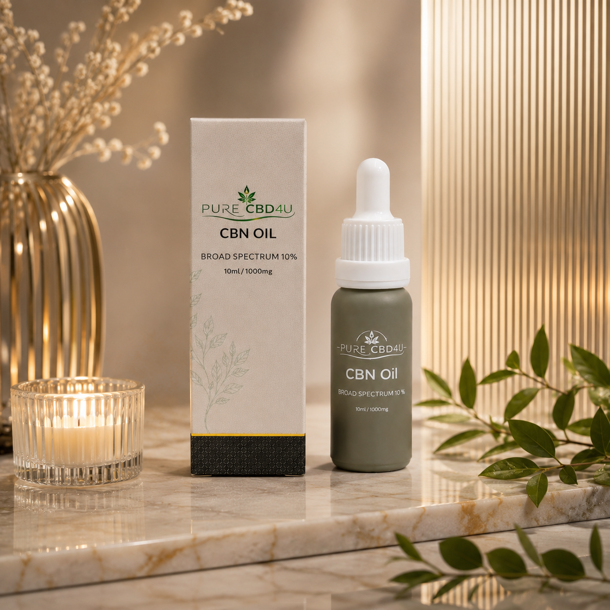 Premium lifestyle image of Pure CBD4U CBN Oil Broad Spectrum 10% (10ml / 1000mg) with elegant candlelight and botanical elements in a luxurious calming setting.