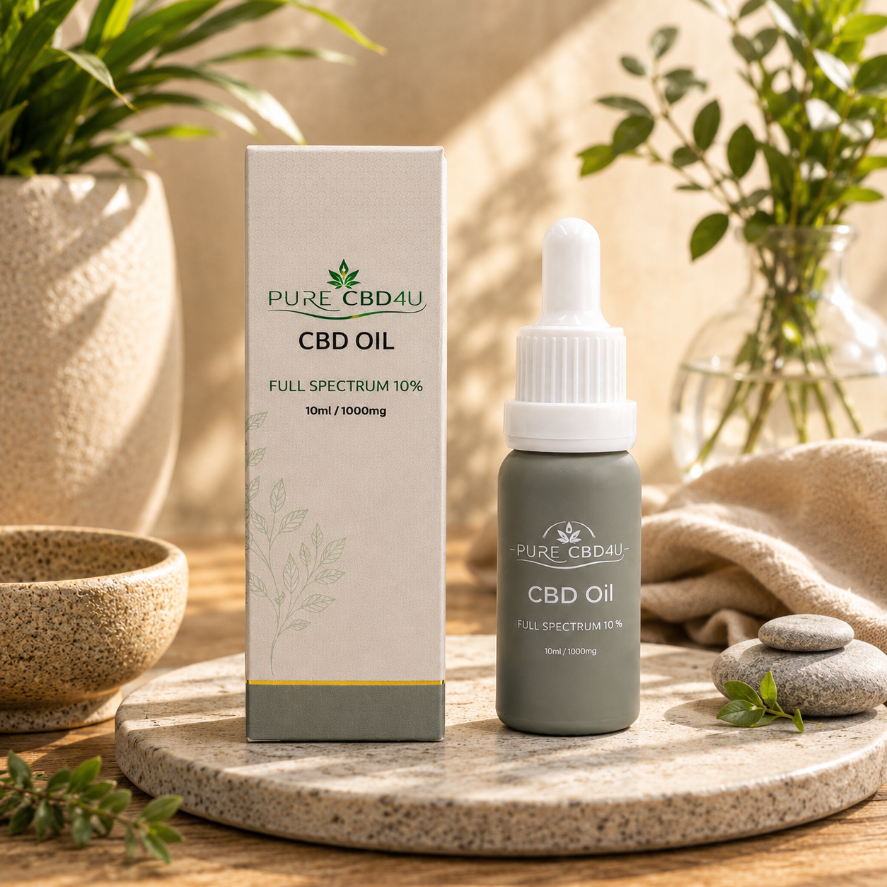 Premium lifestyle image of Pure CBD4U Full Spectrum CBD Oil 10% (10ml / 1000mg) in an elegant natural setting with soft light and botanical elements.