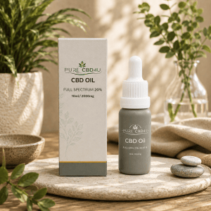 Premium lifestyle image of Pure CBD4U Full Spectrum CBD Oil 20% (10ml / 2000mg) in an elegant natural setting with soft light and botanical elements.