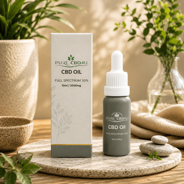 Imagem de estilo de vida premium do Óleo de CBD Full Spectrum 30% da Pure CBD4U (10 ml / 3000 mg) num cenário natural elegante com luz suave e elementos botânicos.