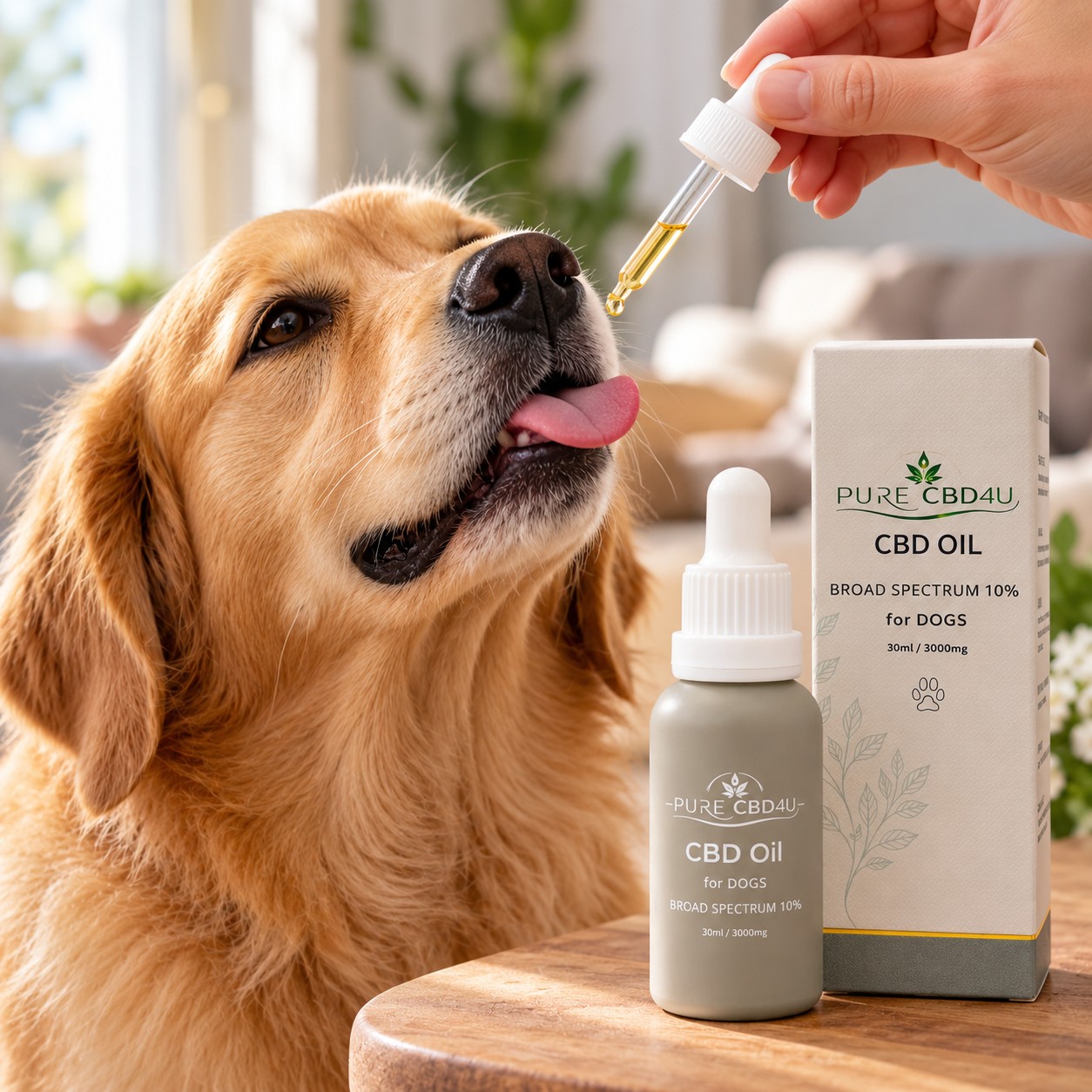 PureCBD4U CBD olie voor honden 10% broad spectrum met zalmolie, toegediend met pipet
