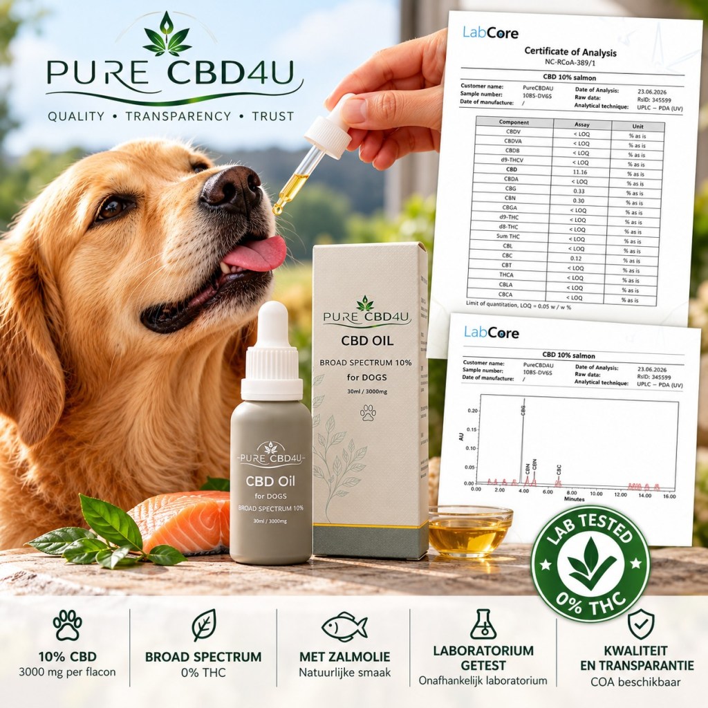 PureCBD4U CBD olie voor honden 10% broad spectrum met zalmolie en onafhankelijk LabCore laboratoriumcertificaat
