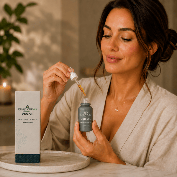 Woman using Pure CBD4U Broad Spectrum 20% CBD Oil with dropper in a calm home environment.
