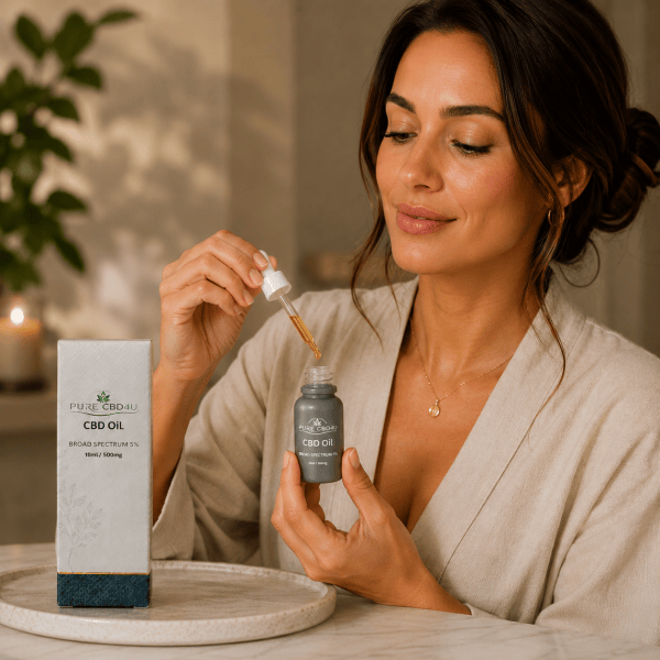 Woman using Pure CBD4U Broad Spectrum 5% CBD Oil with dropper in a relaxing home setting.