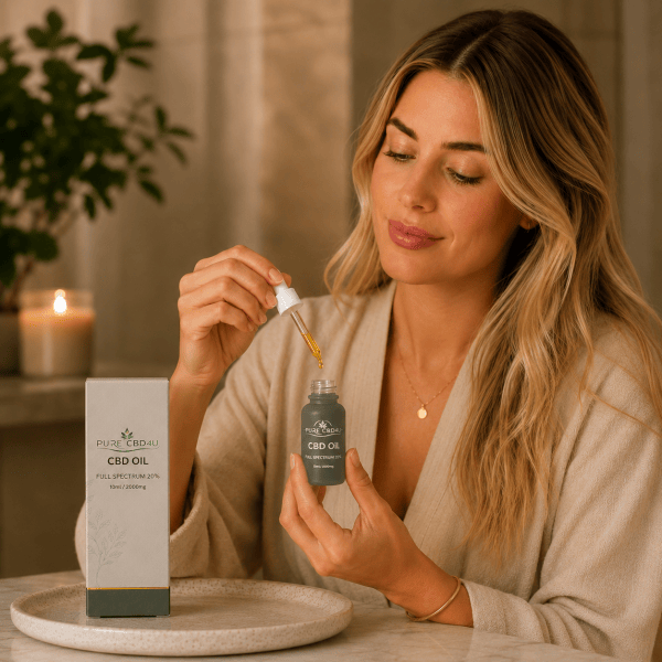 Woman using Pure CBD4U Full Spectrum 20% CBD Oil with dropper in a relaxing home setting.