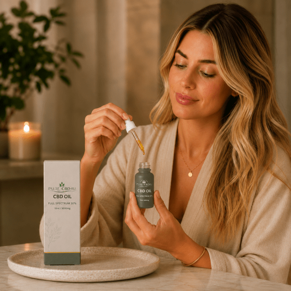 Mulher a utilizar o Óleo de CBD Full Spectrum 30% da Pure CBD4U com conta-gotas num ambiente doméstico relaxante.