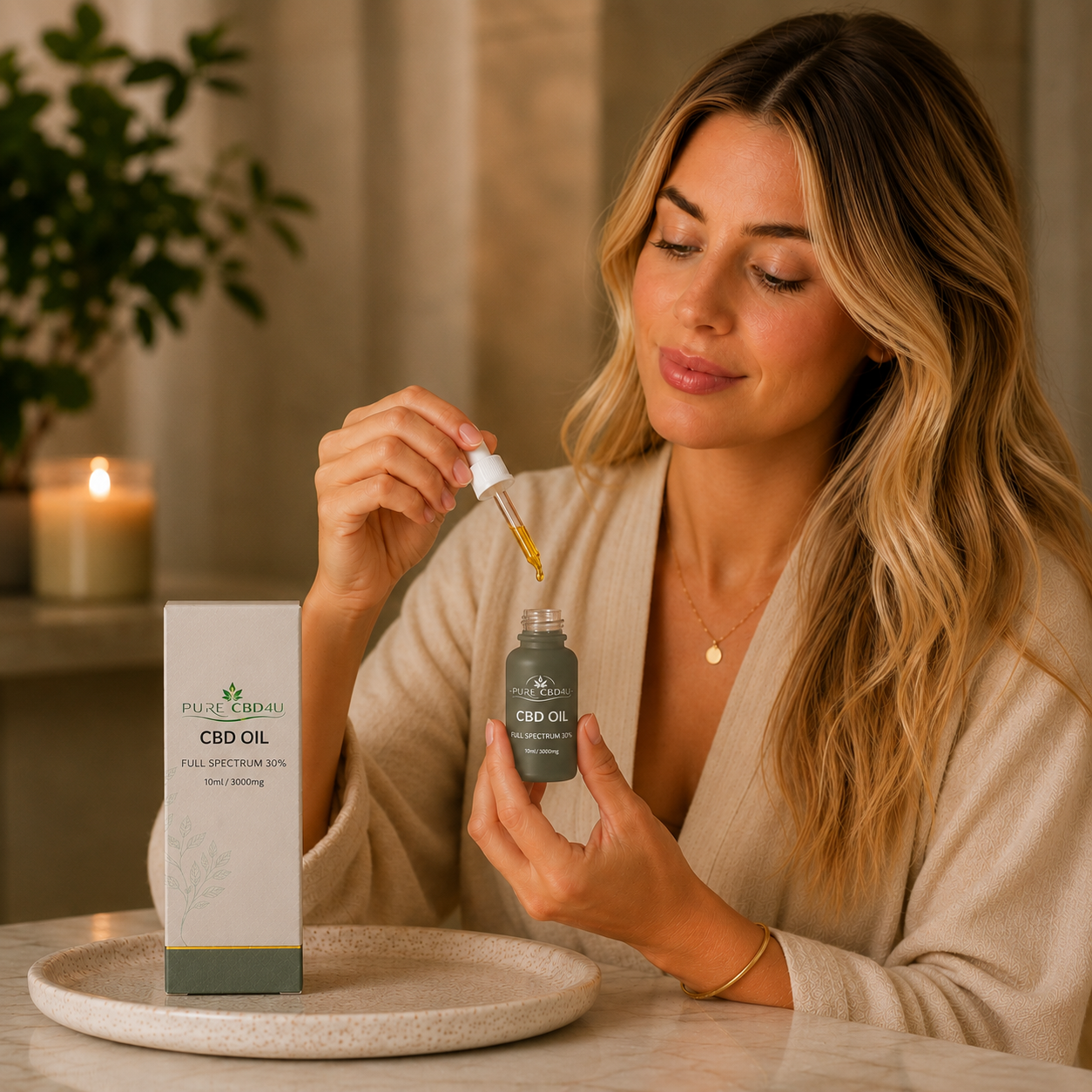 Mulher a utilizar o Óleo de CBD Full Spectrum 30% da Pure CBD4U com conta-gotas num ambiente doméstico relaxante.