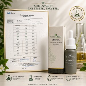 Pure CBD4U CBN Oil 10% with Certificate of Analysis and premium packaging, showcasing third-party lab tested quality and EU manufacturing standards.