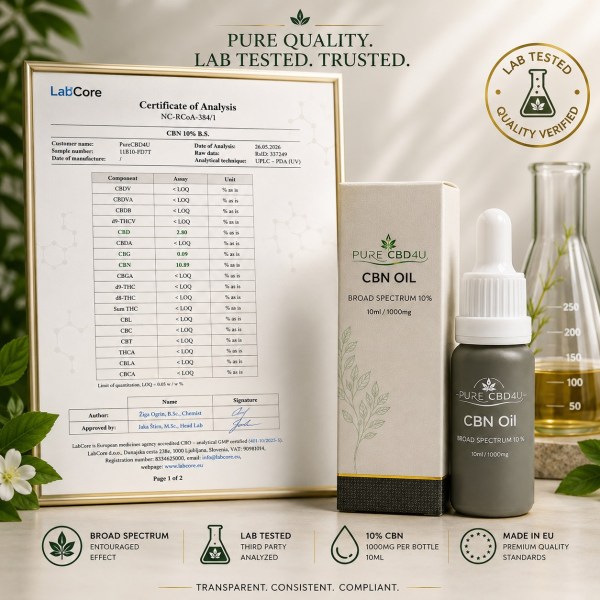 Pure CBD4U CBN Oil 10% with Certificate of Analysis and premium packaging, showcasing third-party lab tested quality and EU manufacturing standards.