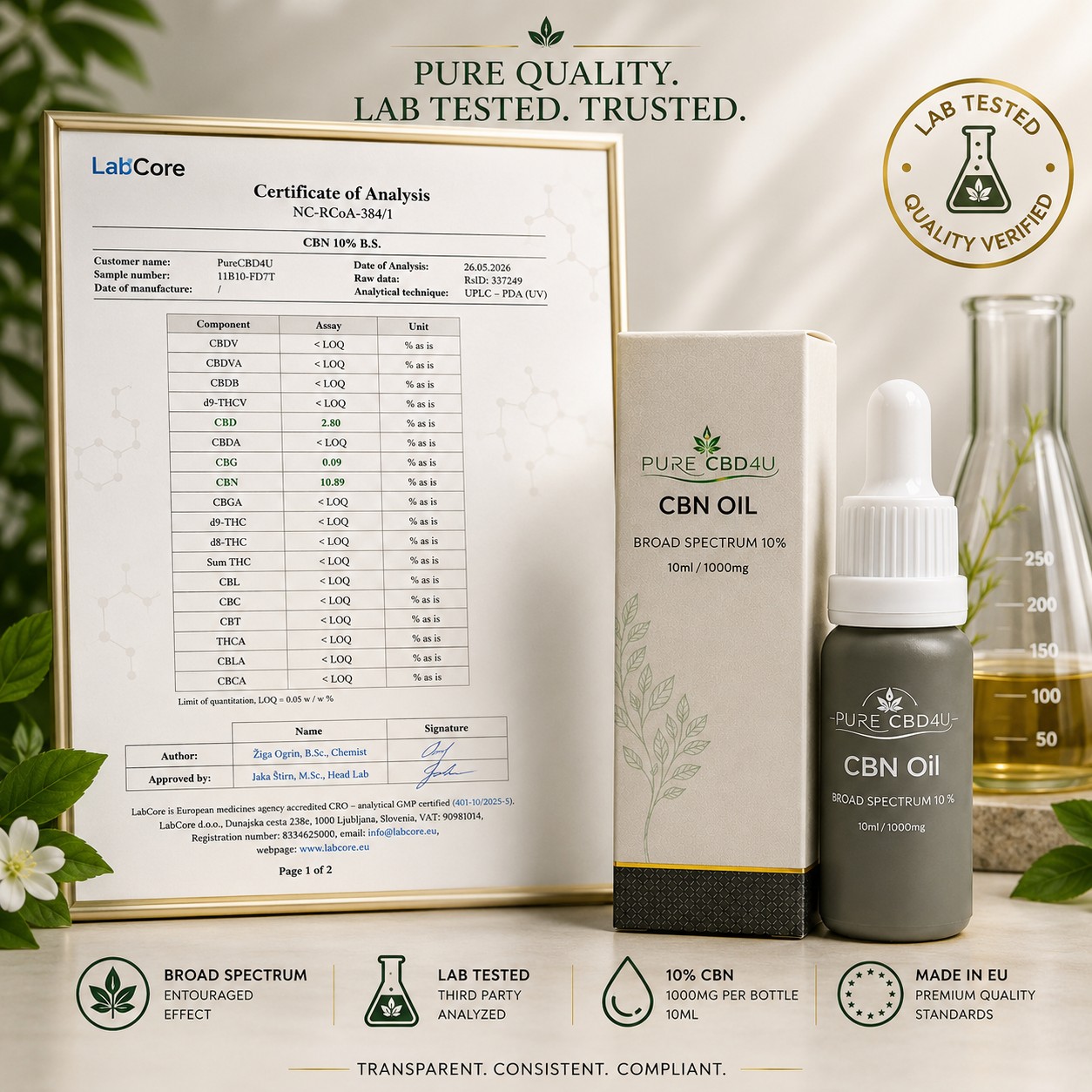 Pure CBD4U CBN Oil 10% with Certificate of Analysis and premium packaging, showcasing third-party lab tested quality and EU manufacturing standards.
