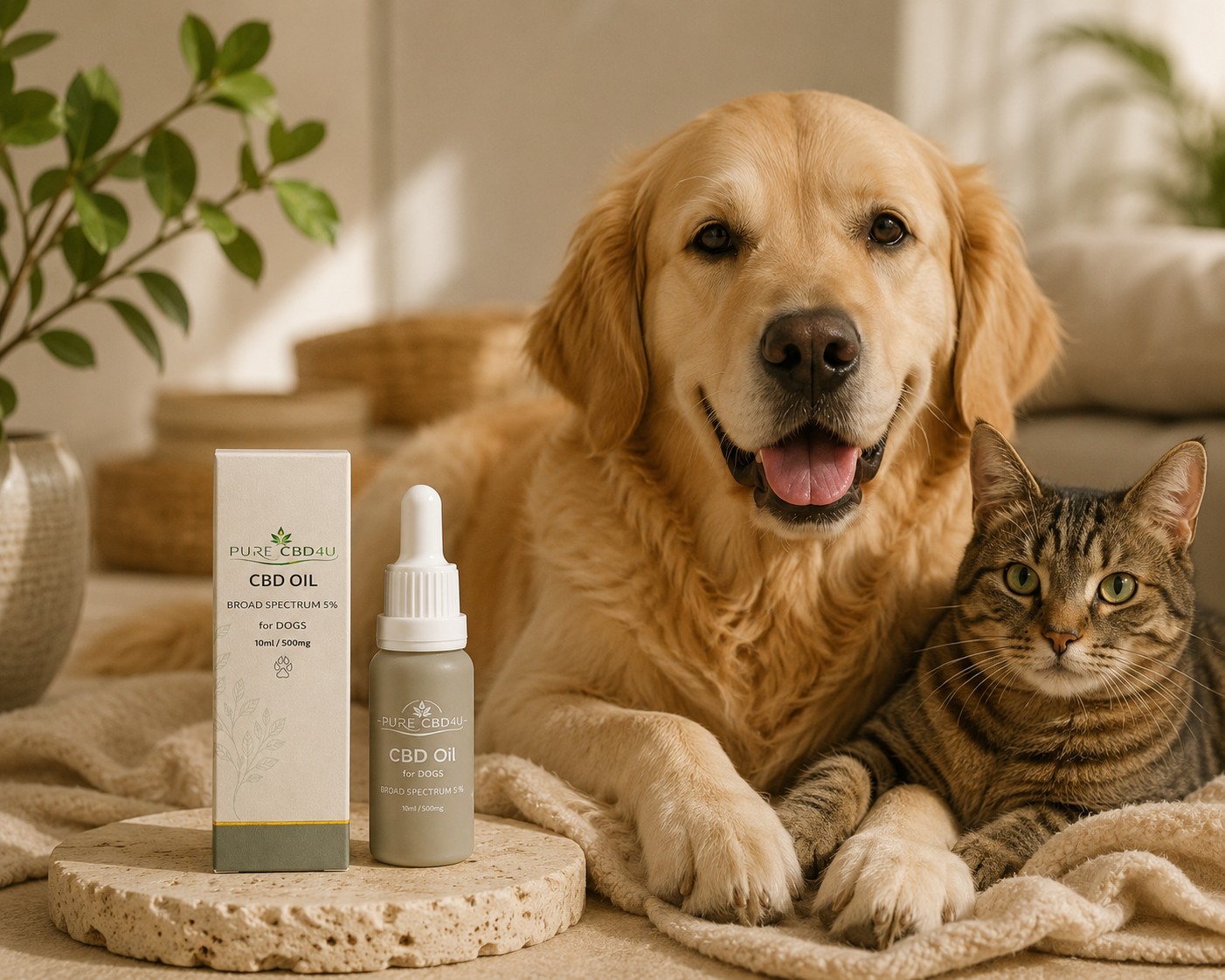 CBD oil for dogs and cats with happy golden retriever and tabby cat resting together