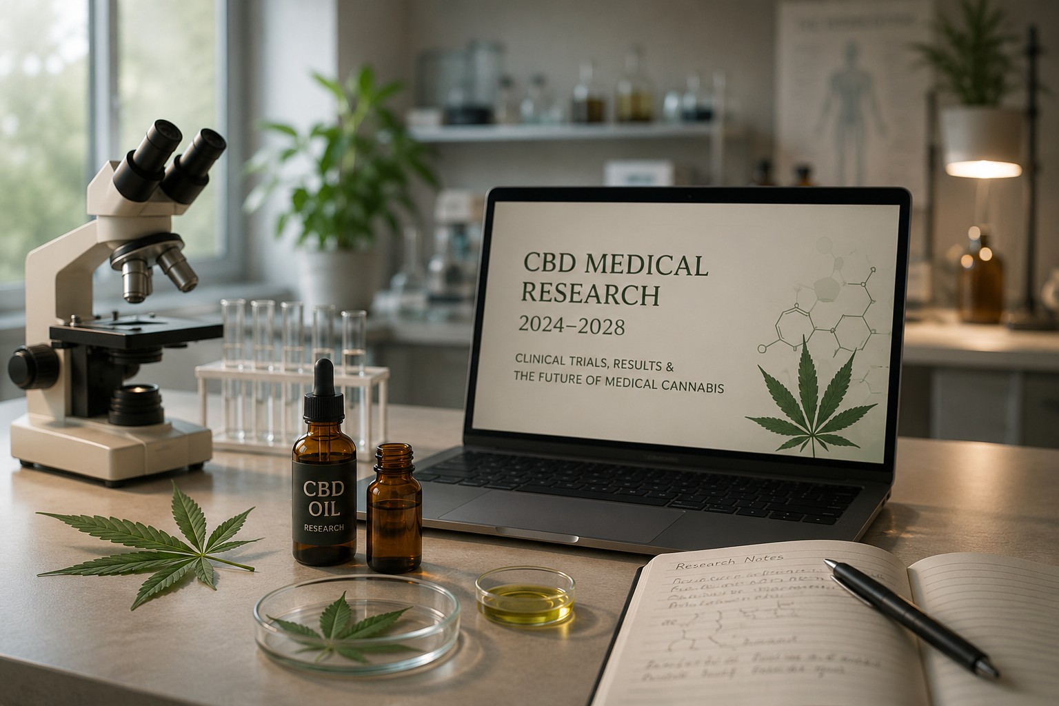 CBD medical research laboratory with CBD oil, cannabis extracts and clinical study materials