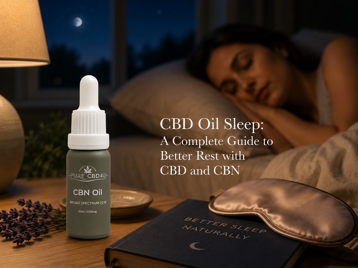 CBD oil and CBN oil for sleep support beside a sleeping woman in a relaxing bedroom setting